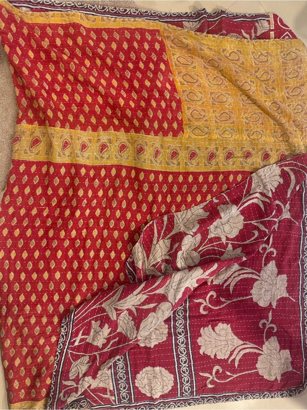 KAnTHA Red and Yellow Floral Kantha Throw Blanket Vintage